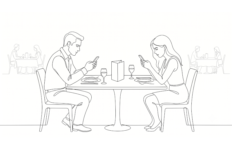 Two people at a restaurant both on phones